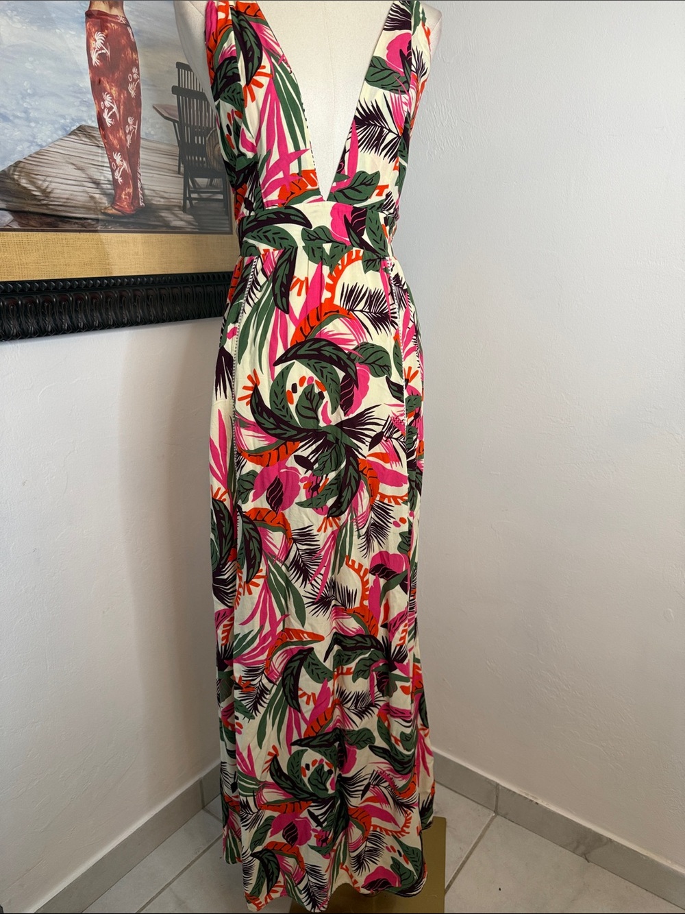 Maaji Cream Maxi Dress with Pink, Green & Orange Tropical Print
